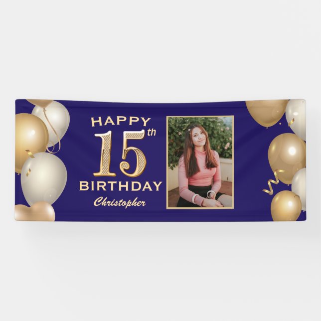 15th Birthday Party Navy Blue and Gold Balloons Banner (Horizontal)