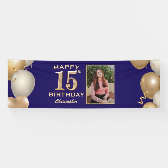 15th Birthday Party Navy Blue and Gold Balloons Banner (Horizontal)