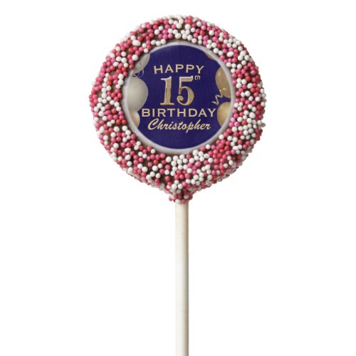 15th Birthday Party Navy Blue and Gold Balloons Chocolate Covered Oreo Pop