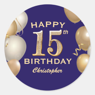 15th Birthday Party Navy Blue and Gold Balloons Classic Round Sticker