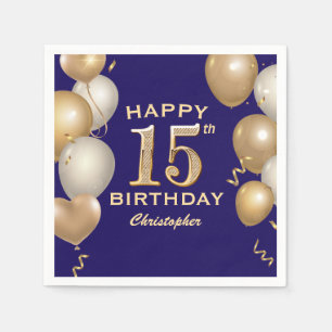 15th Birthday Party Navy Blue and Gold Balloons Napkins