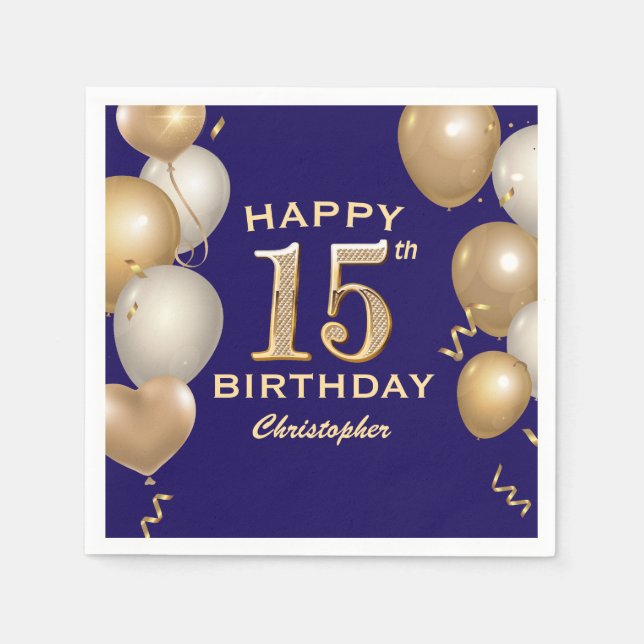 15th Birthday Party Navy Blue and Gold Balloons Napkins (Front)
