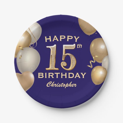 15th Birthday Party Navy Blue and Gold Balloons Paper Plates