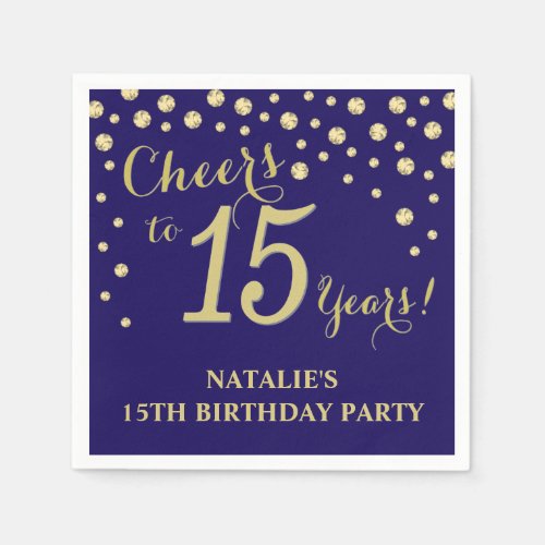 15th Birthday Party Navy Blue and Gold Diamond Napkins