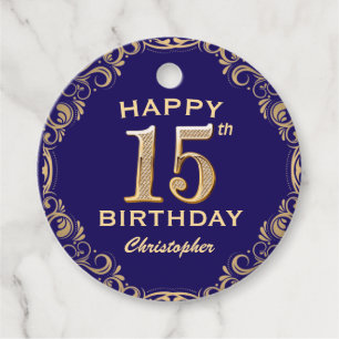 15th Birthday Party Navy Blue and Gold Glitter Favor Tags