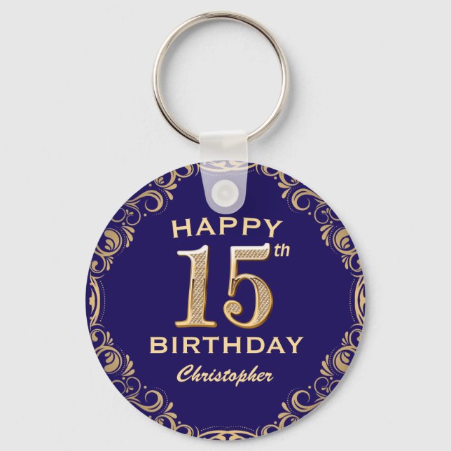 15th Birthday Party Navy Blue and Gold Glitter Keychain (Front)