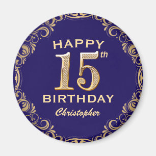 15th Birthday Party Navy Blue and Gold Glitter Magnet