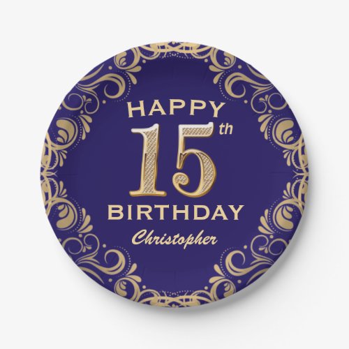 15th Birthday Party Navy Blue and Gold Glitter Paper Plates