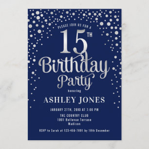 15th Birthday Party - Navy & Silver Invitation