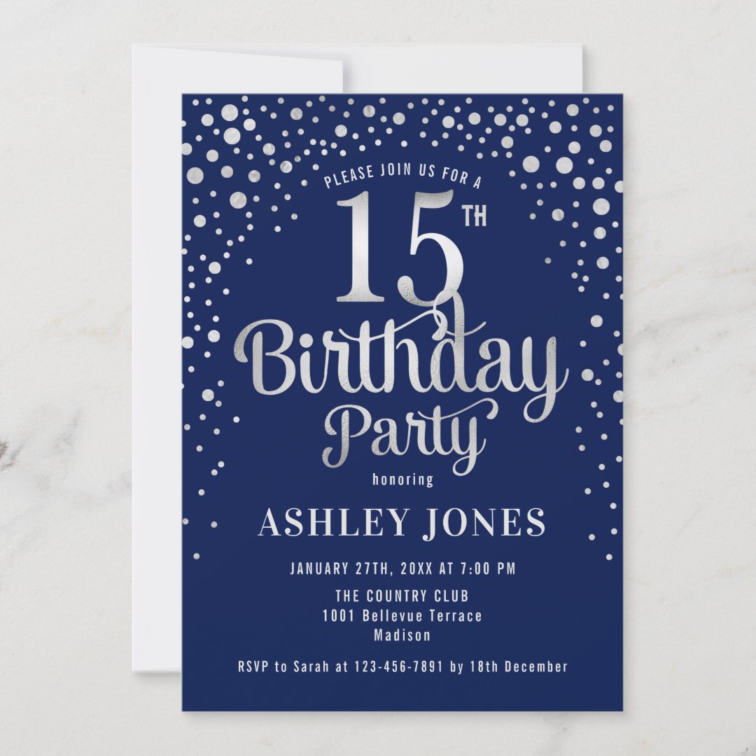 15th Birthday Party - Navy & Silver Invitation | Zazzle