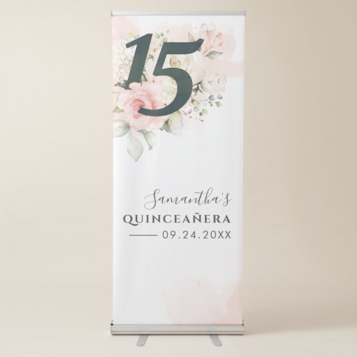 15th Birthday Party Pink Floral Quinceanera Retractable Banner