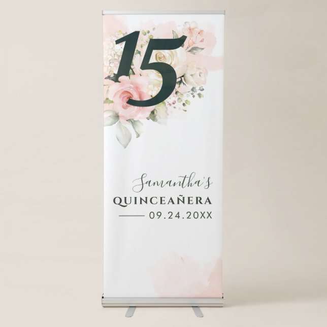 15th Birthday Party Pink Floral Quinceanera Retractable Banner (Front)