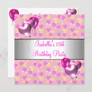 15th Birthday Party Pink Hearts Silver Balloons Invitation