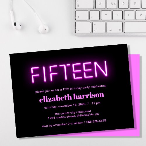 15th Birthday Party Pink Neon Lights Invitation