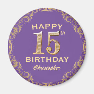 15th Birthday Party Purple and Gold Glitter Frame Magnet