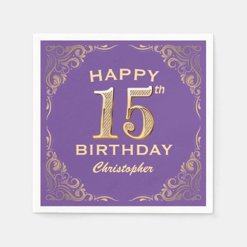 15th Birthday Party Purple and Gold Glitter Frame Napkins