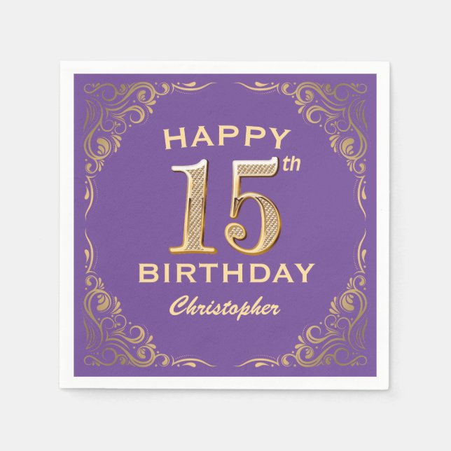 15th Birthday Party Purple and Gold Glitter Frame Napkins (Front)