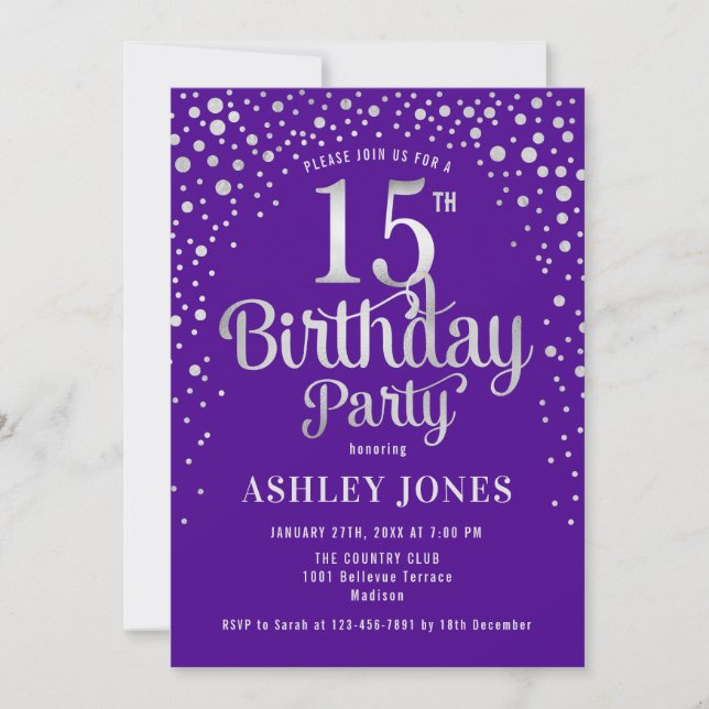 15th Birthday Party - Purple & Silver Invitation (Front)