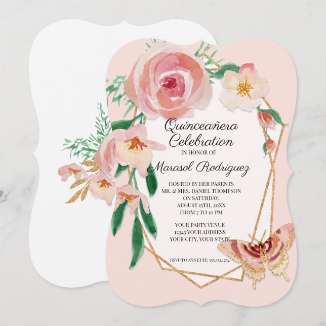 15TH Birthday Party Quinceañera Blush Butterfly Invitation (Front/Back)