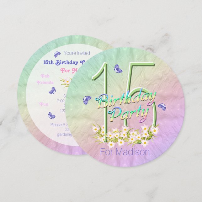 15th Birthday Party Rainbow Butterflies Invitation (Front/Back)