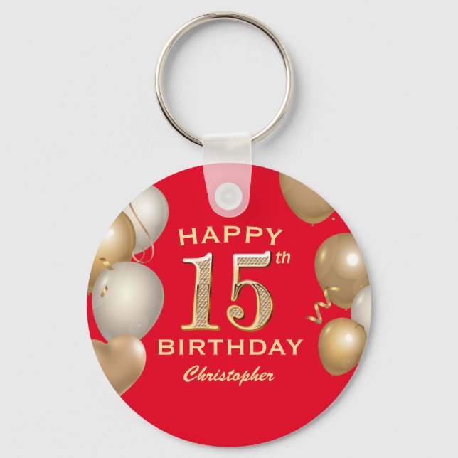 15th Birthday Party Red and Gold Balloons Keychain (Front)