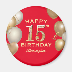 15th Birthday Party Red and Gold Balloons Magnet