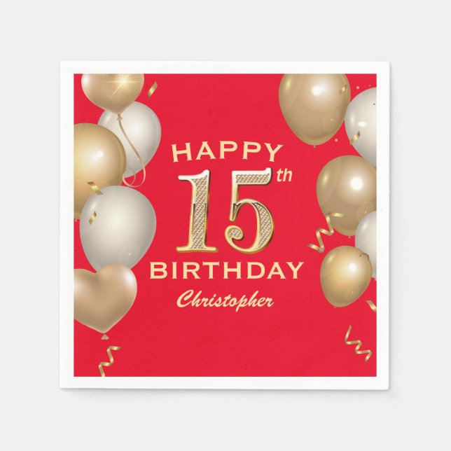 15th Birthday Party Red and Gold Balloons Napkins (Front)
