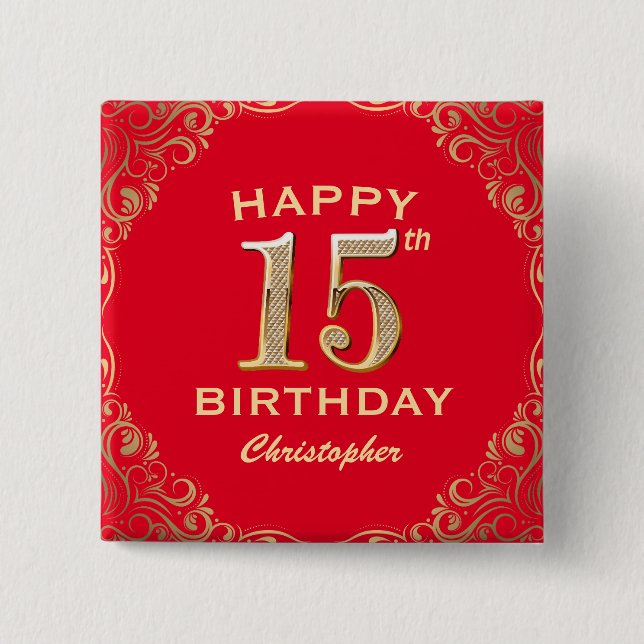 15th Birthday Party Red and Gold Glitter Frame Button (Front)