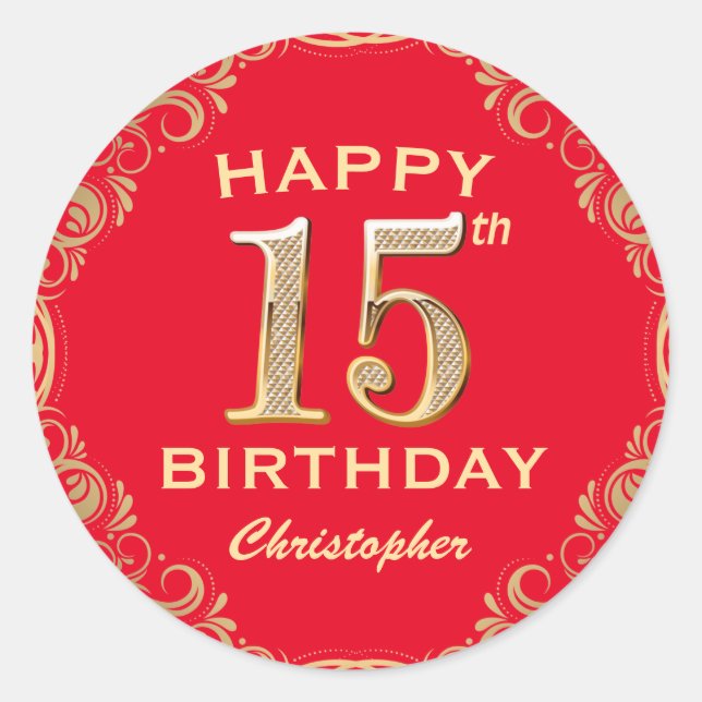 15th Birthday Party Red and Gold Glitter Frame Classic Round Sticker (Front)