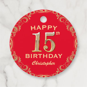 15th Birthday Party Red and Gold Glitter Frame Favor Tags
