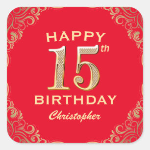 15th Birthday Party Red and Gold Glitter Frame Square Sticker