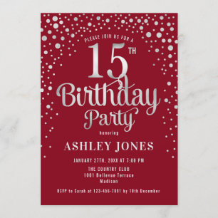 15th Birthday Party - Red & Silver Invitation