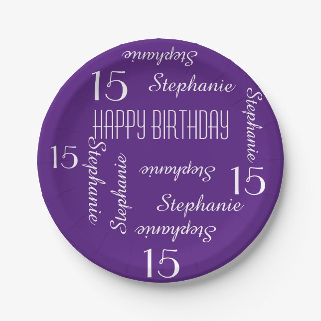 15th Birthday Party Repeating Name Purple Paper Plates (Front)