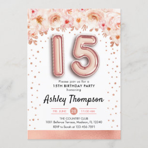 15th Birthday Party - Rose Gold Balloons Invitation