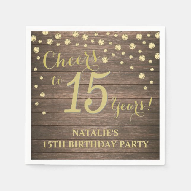 15th Birthday Party Rustic Wood and Gold Diamond Napkins (Front)
