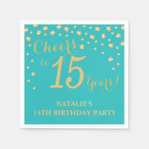 15th Birthday Party Teal and Gold Diamond Napkins