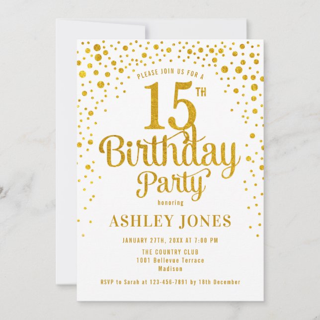15th Birthday Party - White & Gold Invitation (Front)