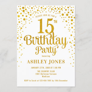15th Birthday Party - White & Gold Invitation