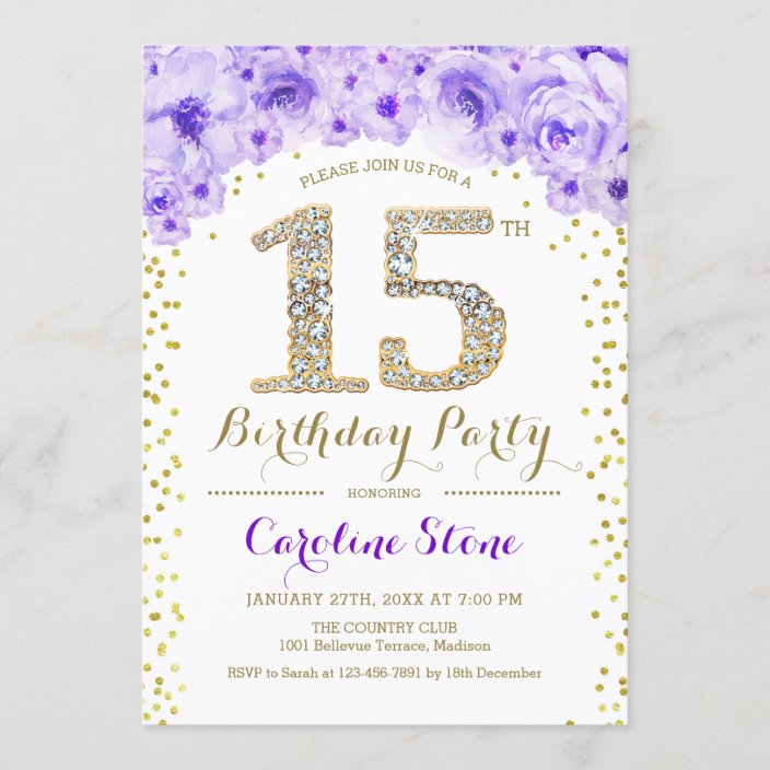 15th Birthday Party - White Gold Purple Invitation | Zazzle.com