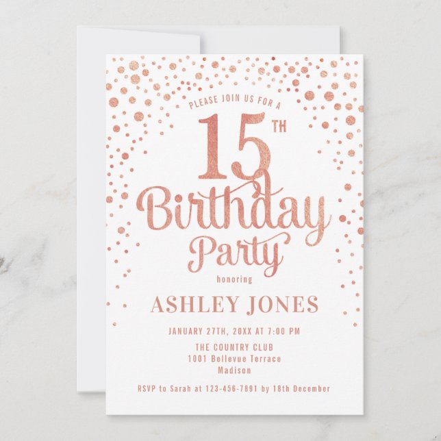 15th Birthday Party - White & Rose Gold Invitation (Front)