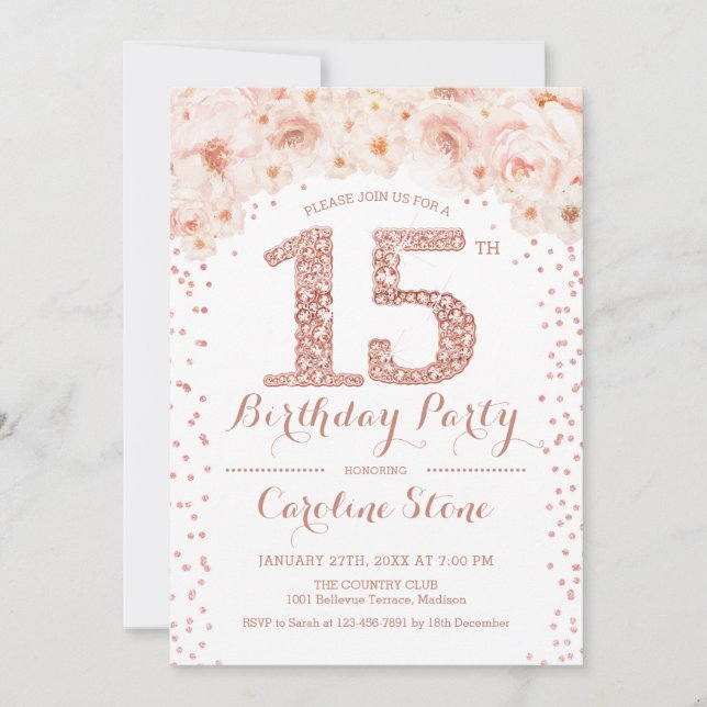 15th Birthday Party - White Rose Gold Invitation (Front)