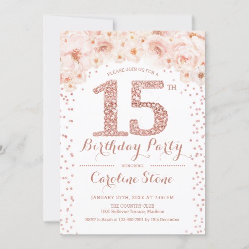 15th Birthday Party _ White Rose Gold Invitation