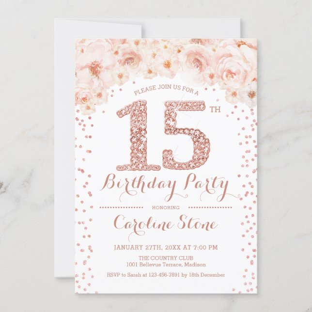 15th Birthday Party - White Rose Gold Invitation (Front)