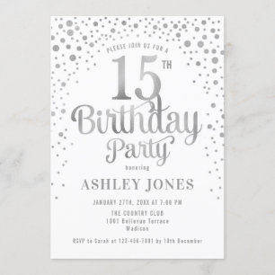 15th Birthday Party - White & Silver Invitation