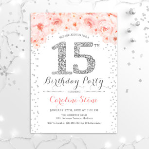 15th Birthday Party - White Silver Pink Invitation