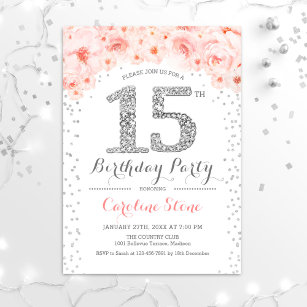 15th Birthday Party - White Silver Pink Invitation