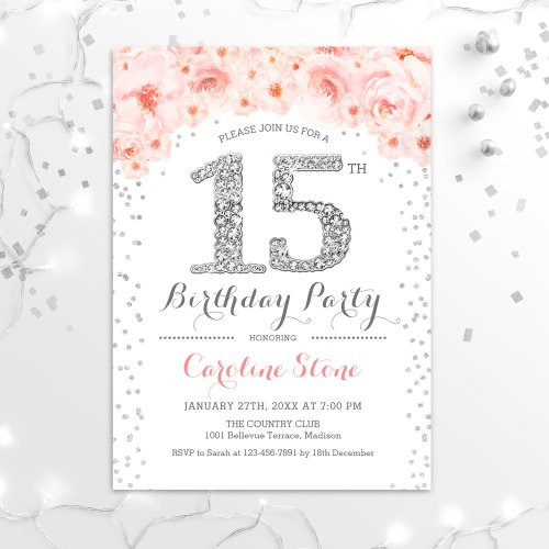 15th Birthday Party _ White Silver Pink Invitation