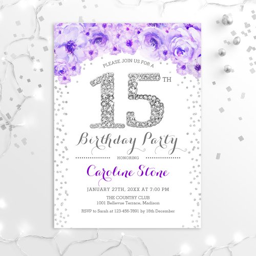 15th Birthday Party _ White Silver Purple Invitation