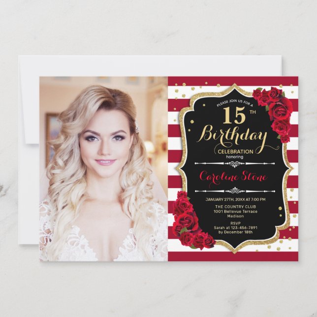 15th Birthday Party With Photo - Black Red Gold Invitation (Front)