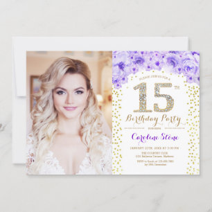15th Birthday Party With Photo - Gold Purple Invitation
